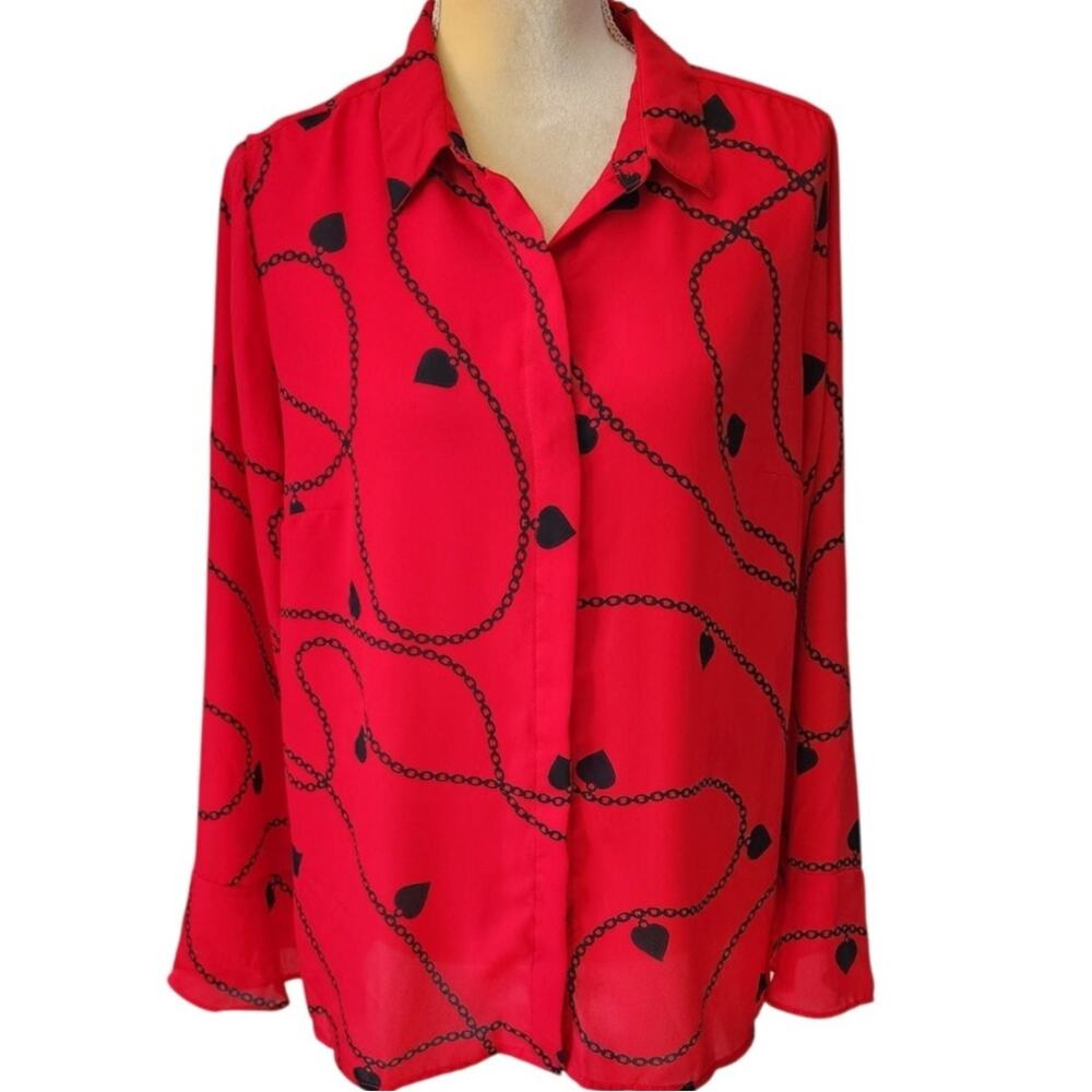 Liz Claiborne Career Red Blouse Button Down Heart Chain Size Medium